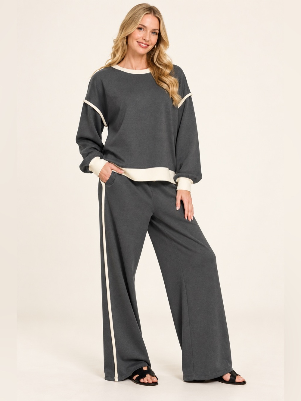 Zenana Scuba Contrast Trim Sweatshirt & Wide-Leg Pants Set